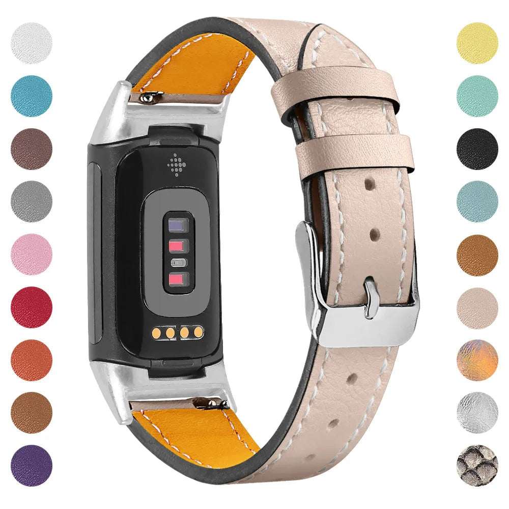 Genuine leather replacement strap for Fitbit Charge 5 and Charge 6 fitness trackers in various colours.