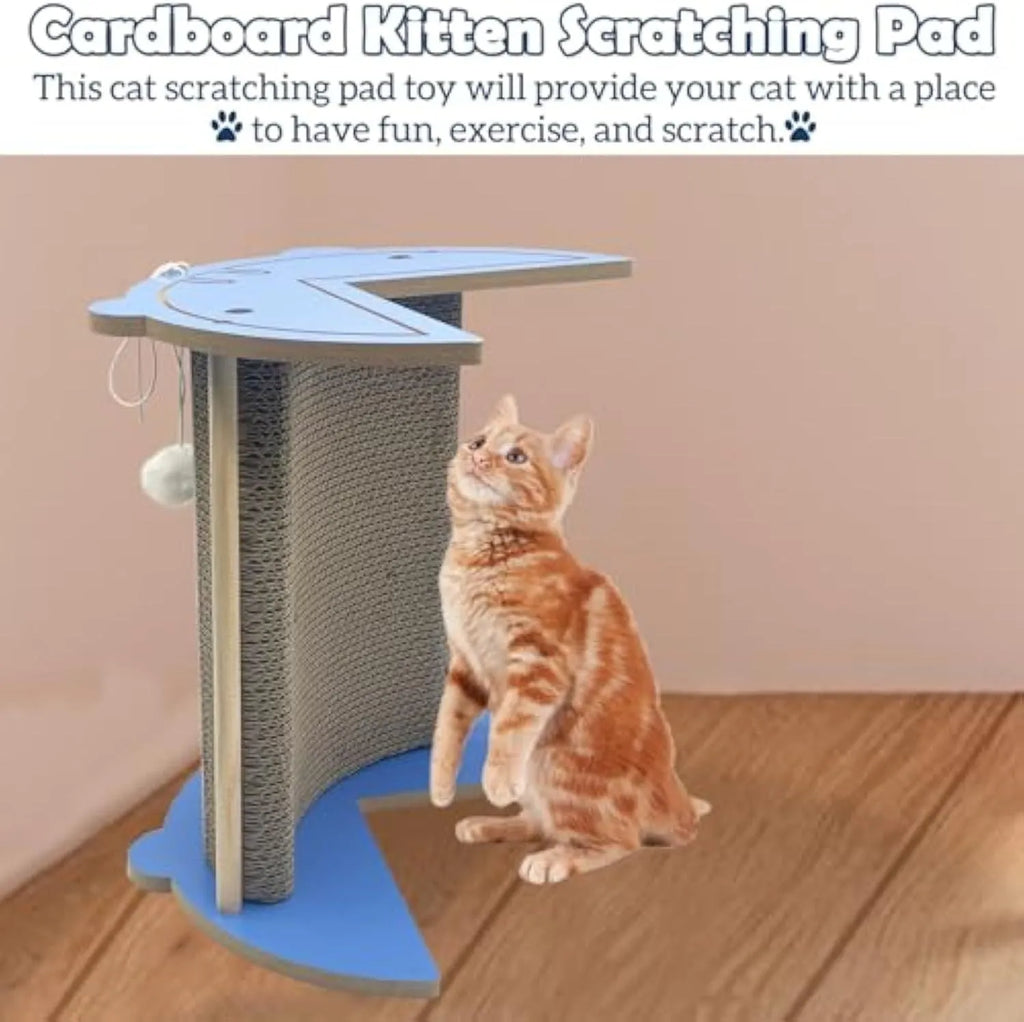 Triangular cardboard cat corner scratcher with hanging ball toy against wall