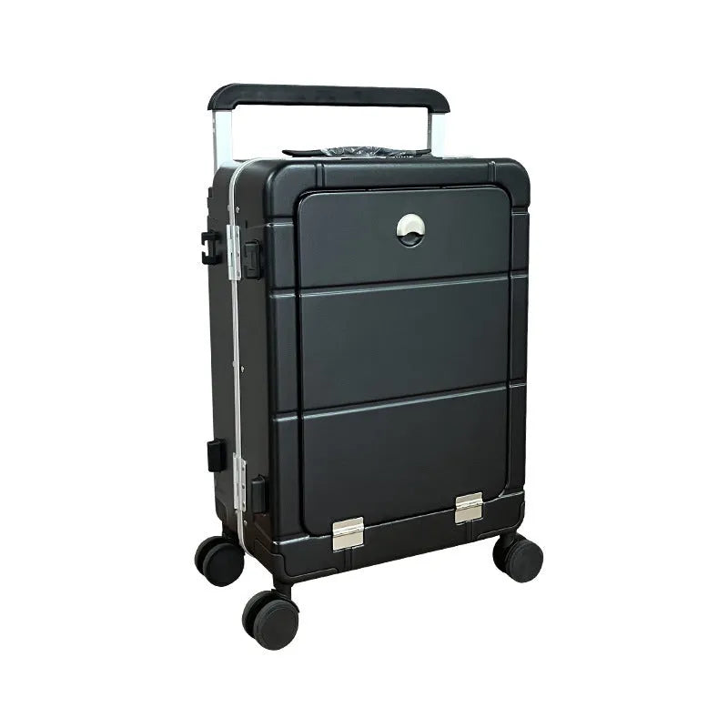 20-inch front-opening ABS PC suitcase in black showing cup holder and universal wheels.