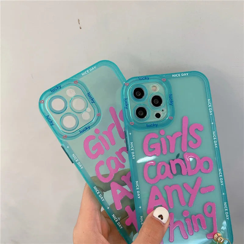 Graffiti design iPhone case with detachable lanyard in mint green colour with painted animal artwork
