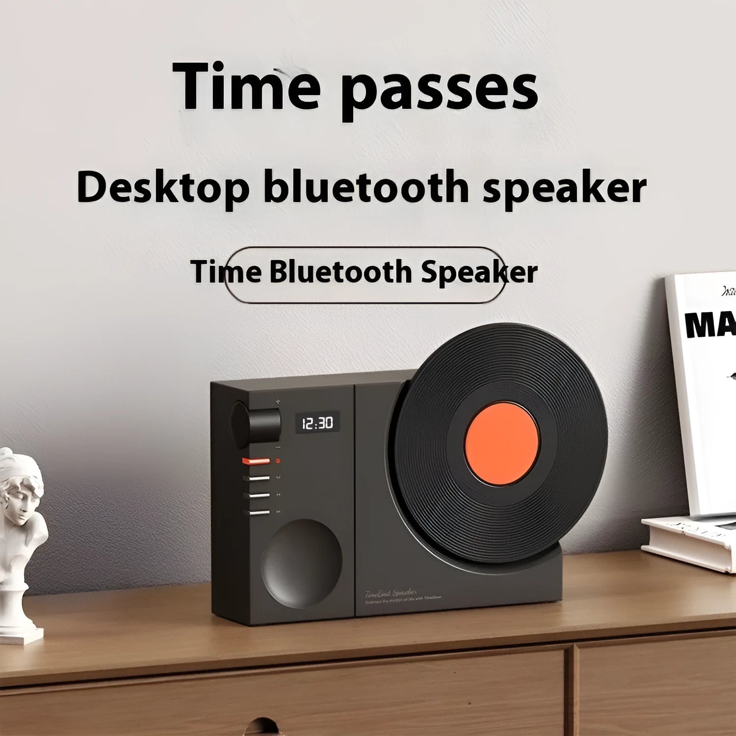 Mini Bluetooth portable speaker in coral pink colour showing USB charging port and card insertion slot