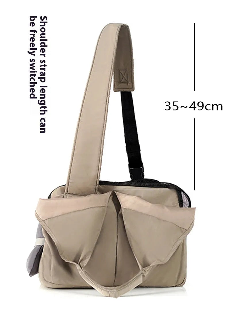 Apricot-colour cloth pet carrier handbag for small pets, showing single handle and rectangular shape.