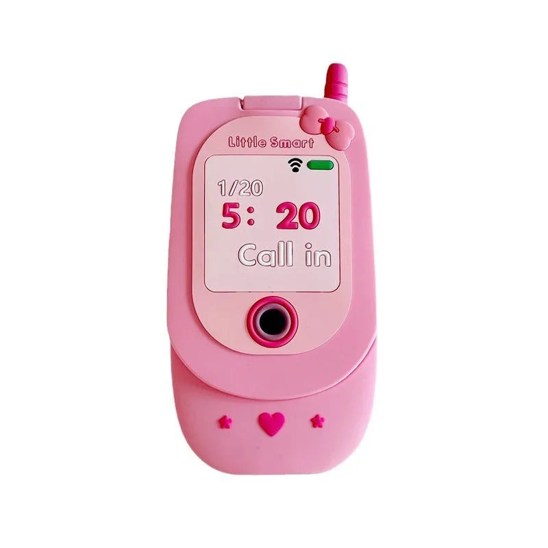 Pink silicone iPhone case shaped like a flip phone with a front mirror.