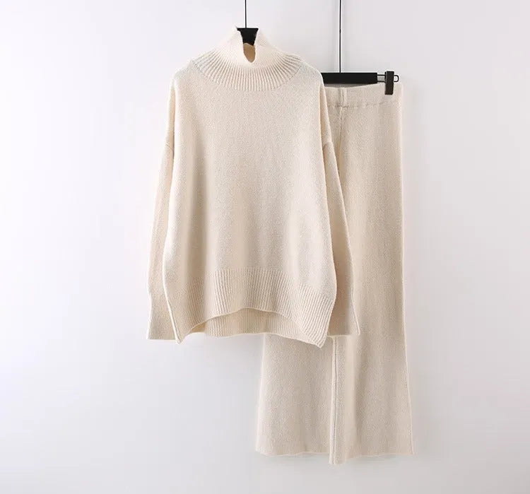 Women's beige acrylic fibre sweater and wide leg pants two-piece casual set