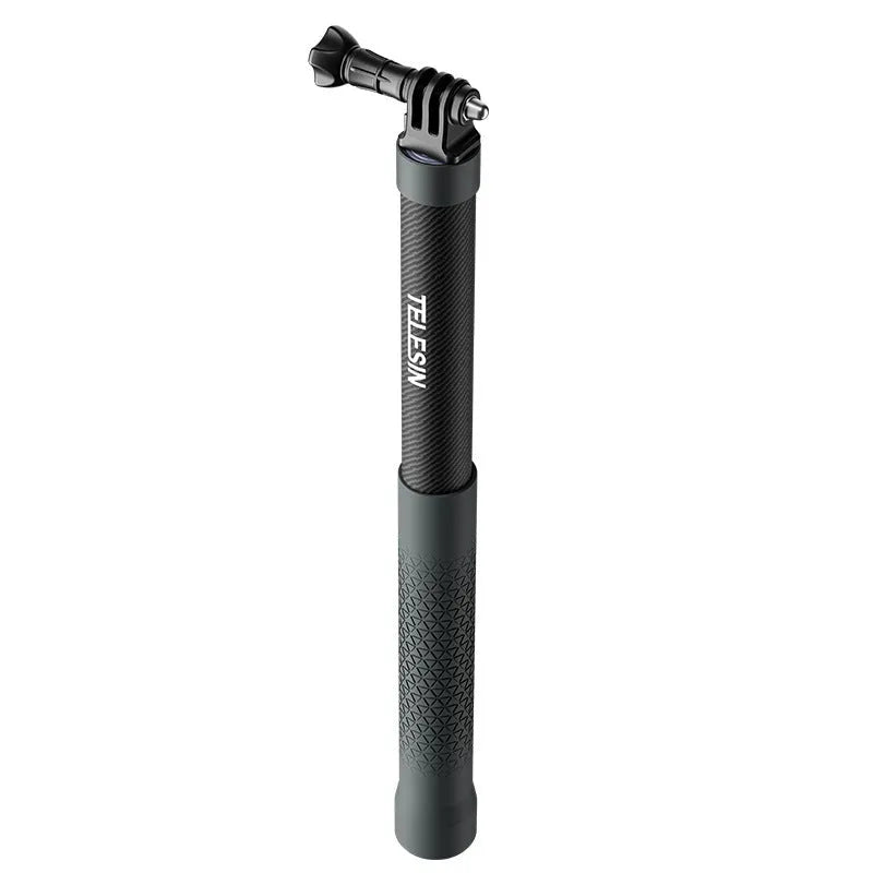 Extendable carbon fibre selfie stick collapsed to 32cm and extended to 120cm showing aluminium alloy shaft and silica gel handle for GoPro Insta360