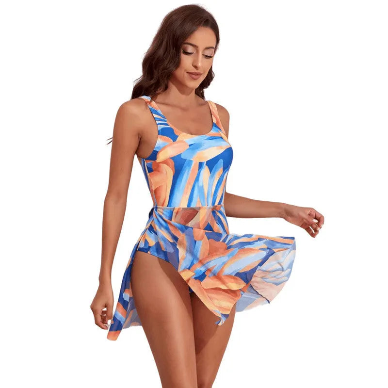 Women's digital print one-piece swimsuit with single-shoulder design and waist shaping