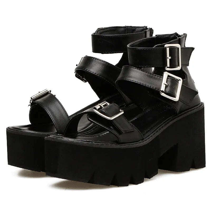 Black punk Harajuku style women's platform sandals with chunky heel and back zipper