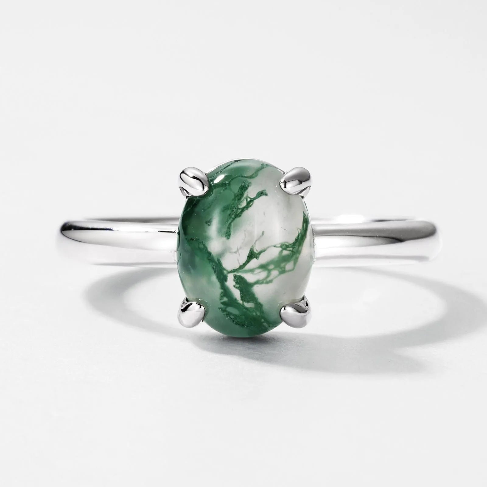 Simple water plants agate ring for women with oval green moss stone 7x9mm on agate band
