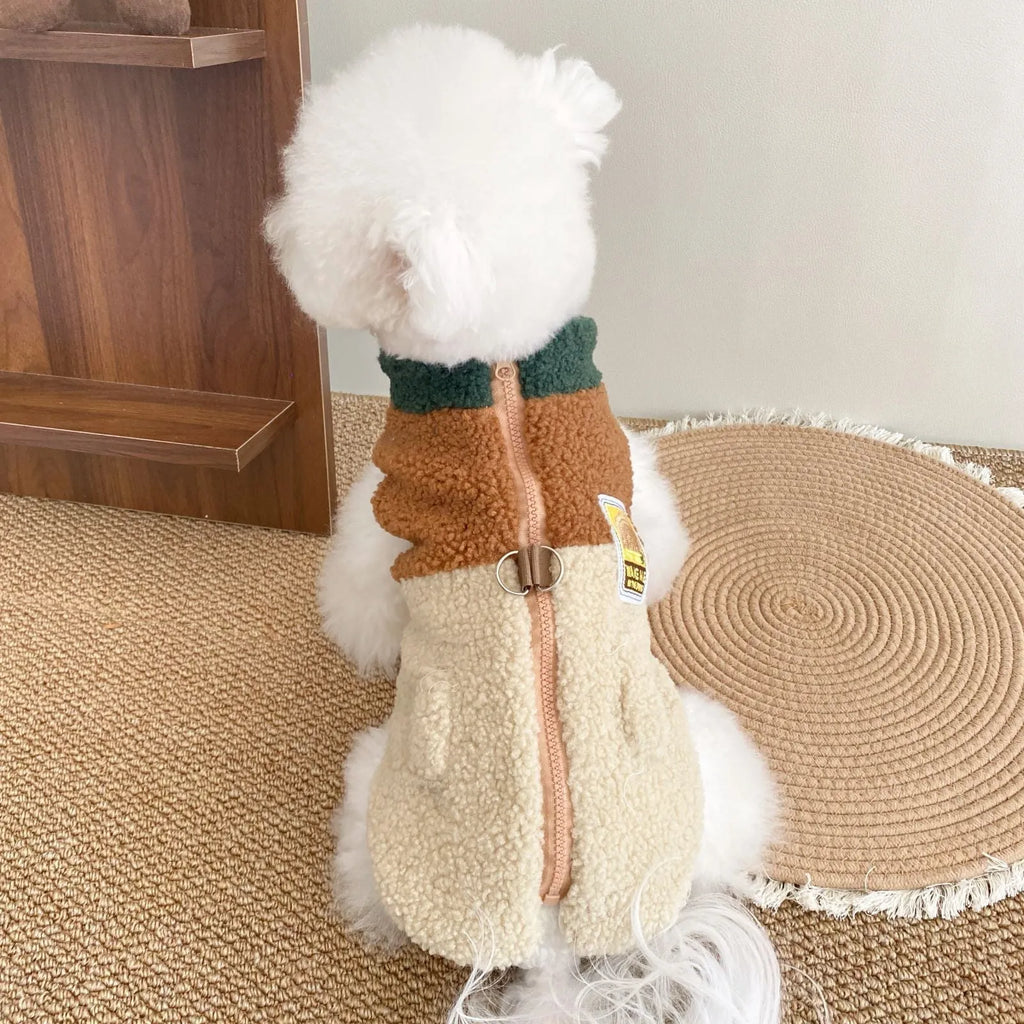 Lomi Brown denim style polyester dog traction vest coat on a small breed dog