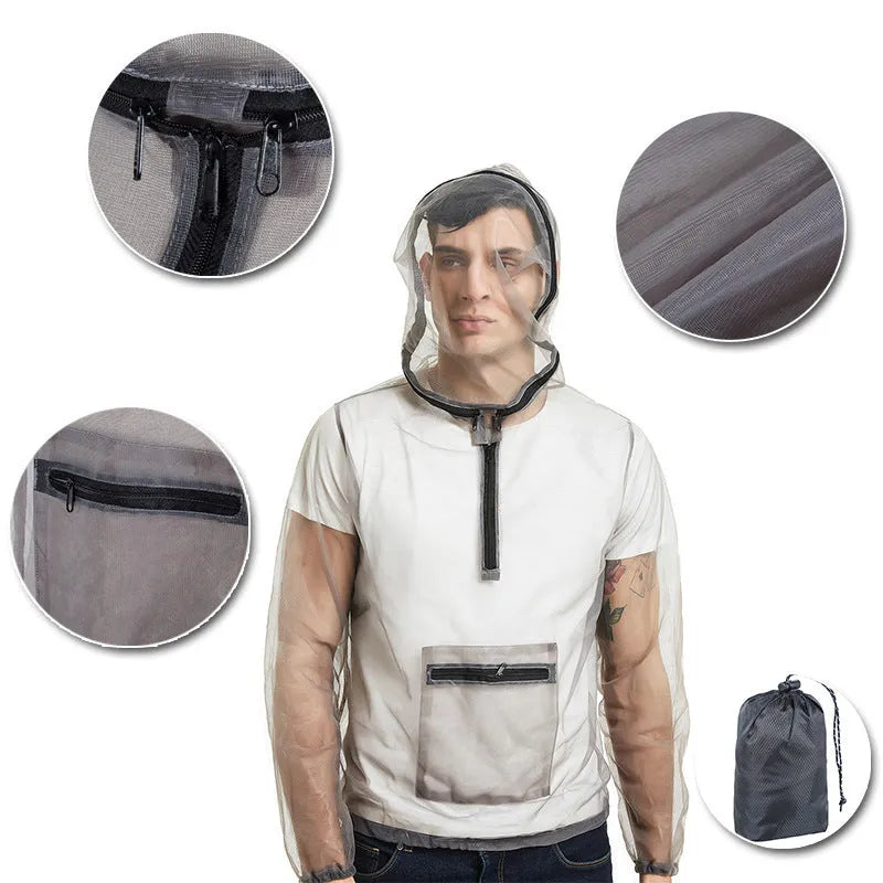 Smoky grey insect-proof mesh jacket for outdoor activities like hiking and camping