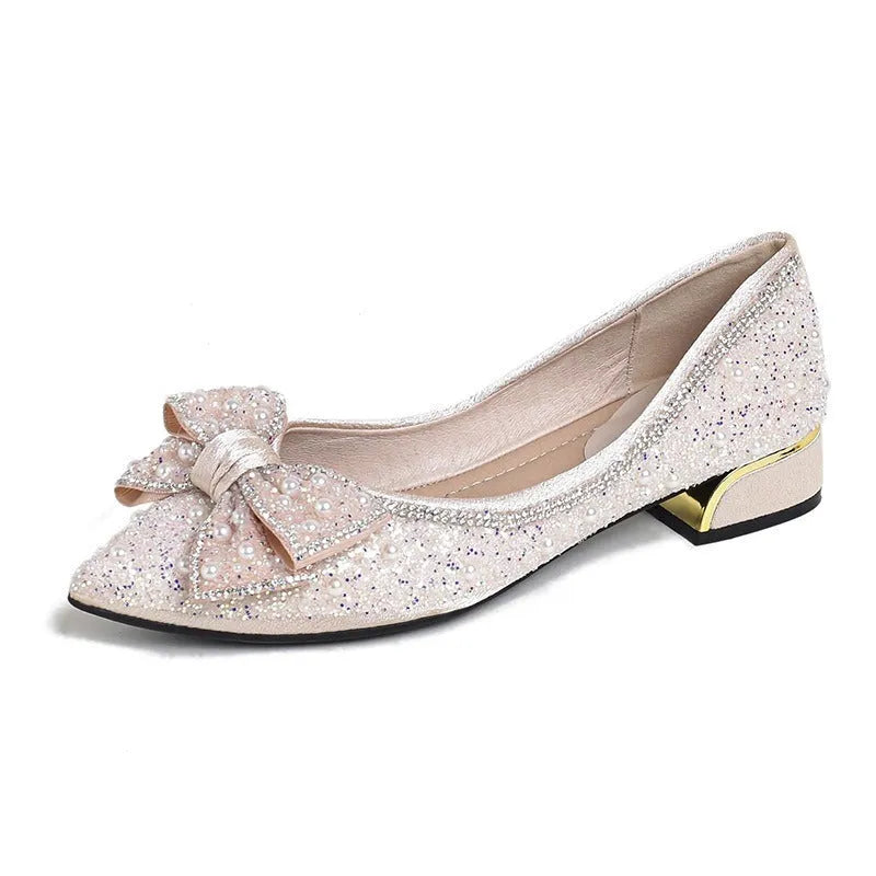 Dignified Rhinestone Bow Flat Temperament Leisure Shoes apricot satin low heel chunky rubber sole