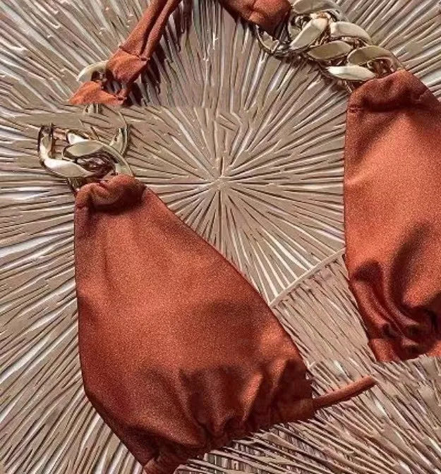 Brown women's push up bikini swimsuit with tube tie rings and split design