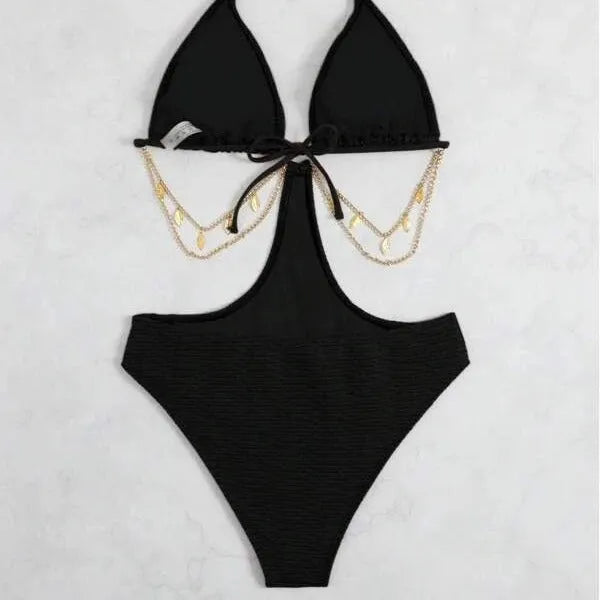 Women's black polyester bikini with chain detail, also available in dark brown and emerald green.