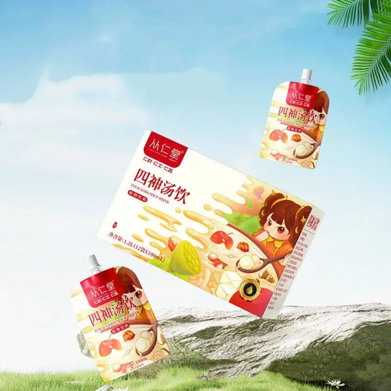 Box of children's spleen and stomach herbal tea decoction with 12 individual 100ml sachets containing yam, poria, lotus seed formula.