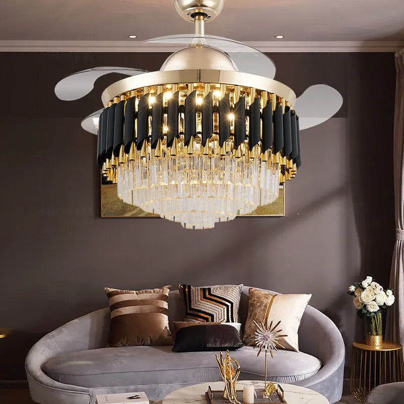 Crystal ceiling fan light with LED illumination and remote control in 42 or 48 inch diameter options