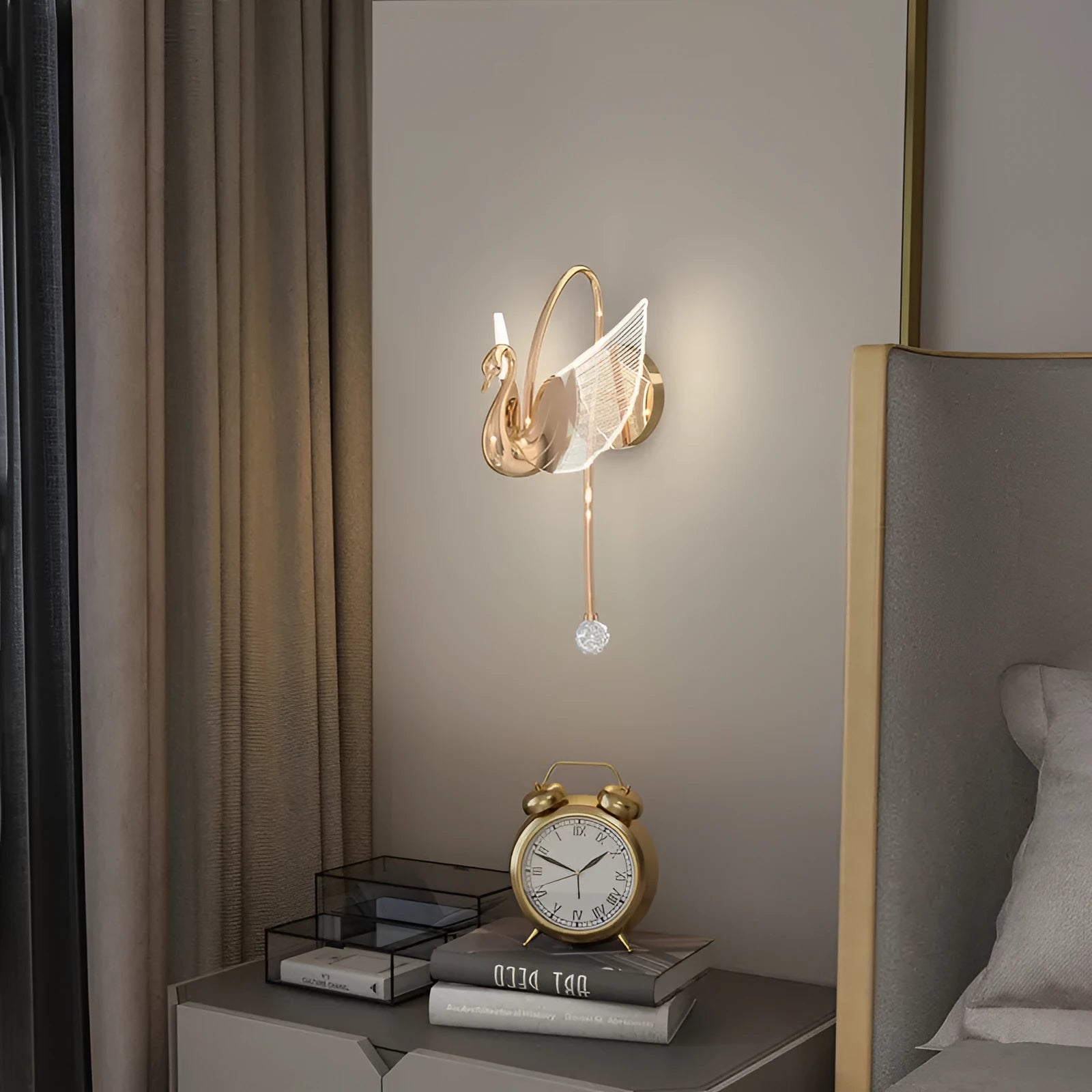 Gold swan-shaped LED wall lamp with acrylic shade for modern bedroom bedside lighting