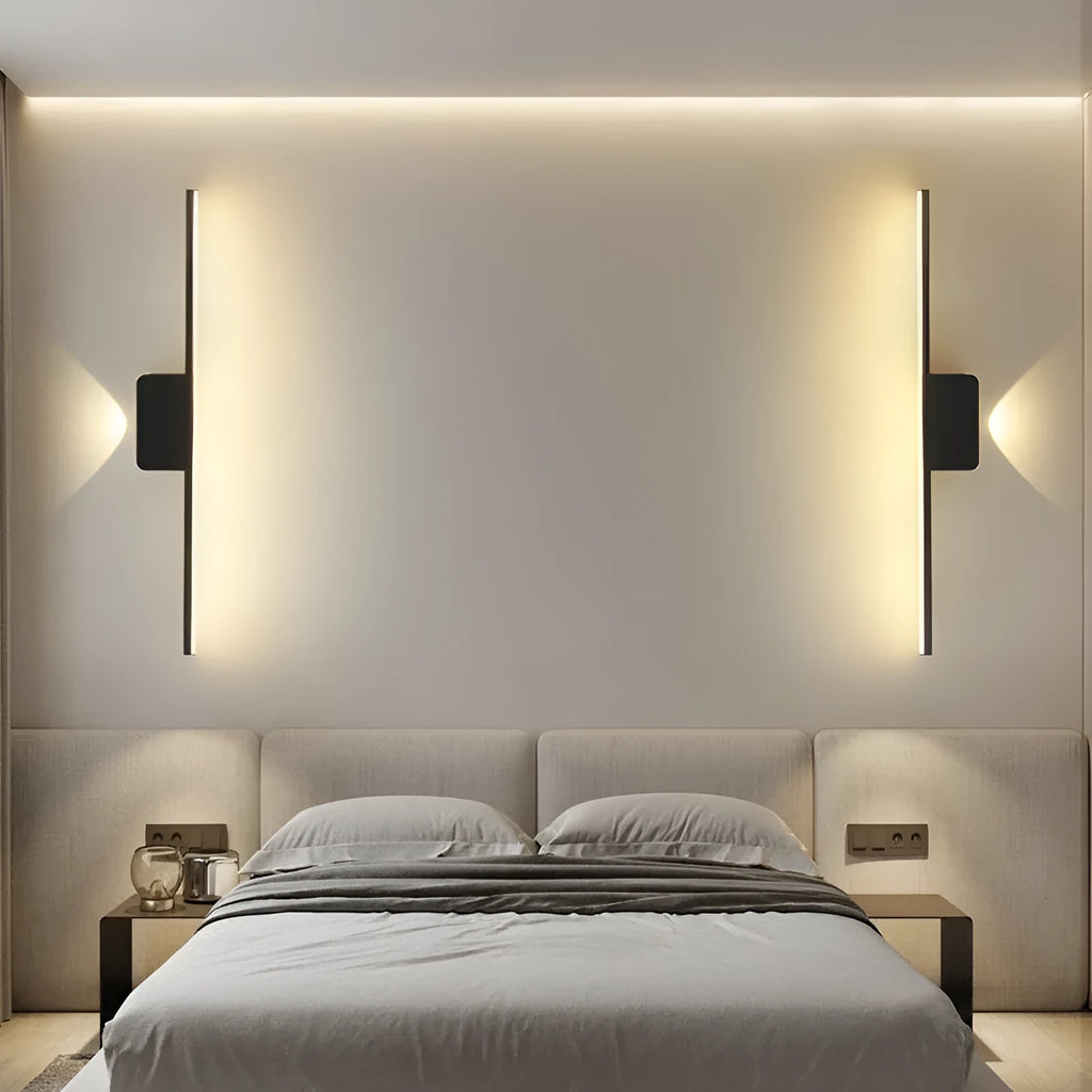 Modern black LED mirror headlight bedside lamp on bedside table, 40cm or 55cm height option