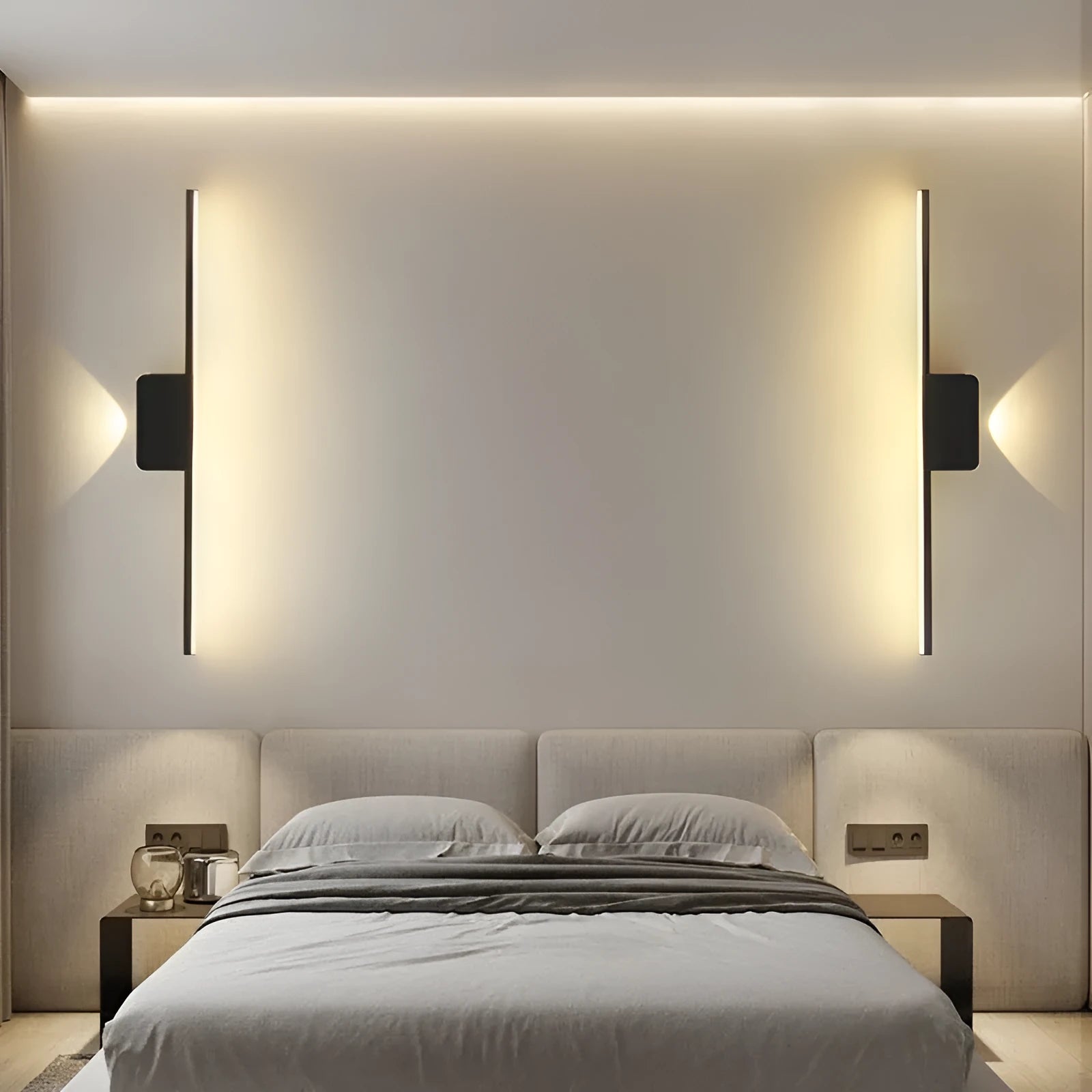 Modern black LED mirror headlight bedside lamp on bedside table, 40cm or 55cm height option