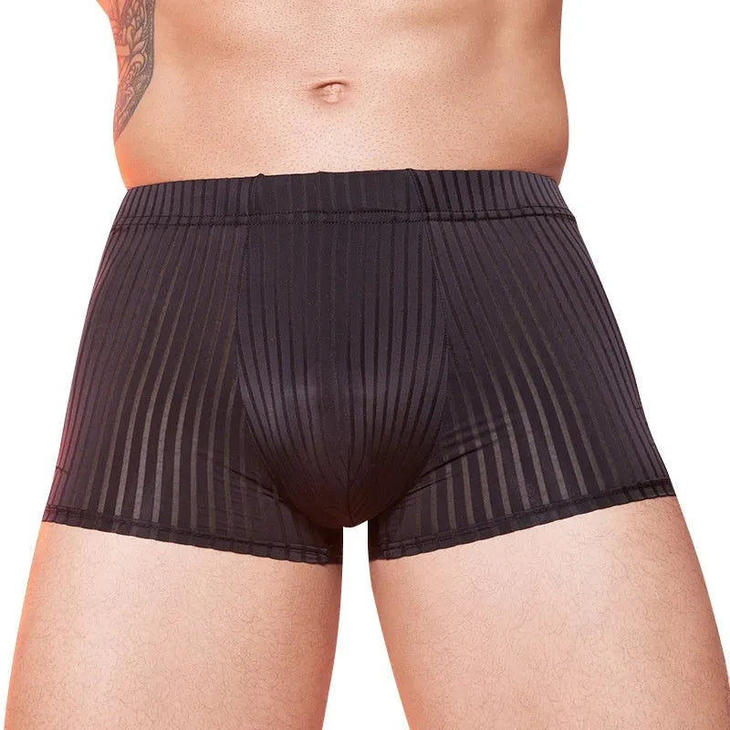 Men's thin transparent striped nylon underwear in black, white, and dark grey.
