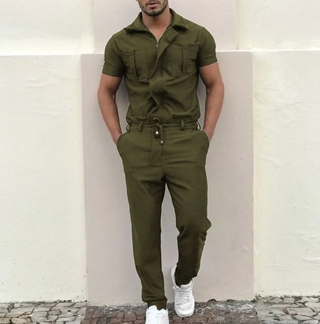 Men's cotton casual loose one-piece suit with top and shorts in black