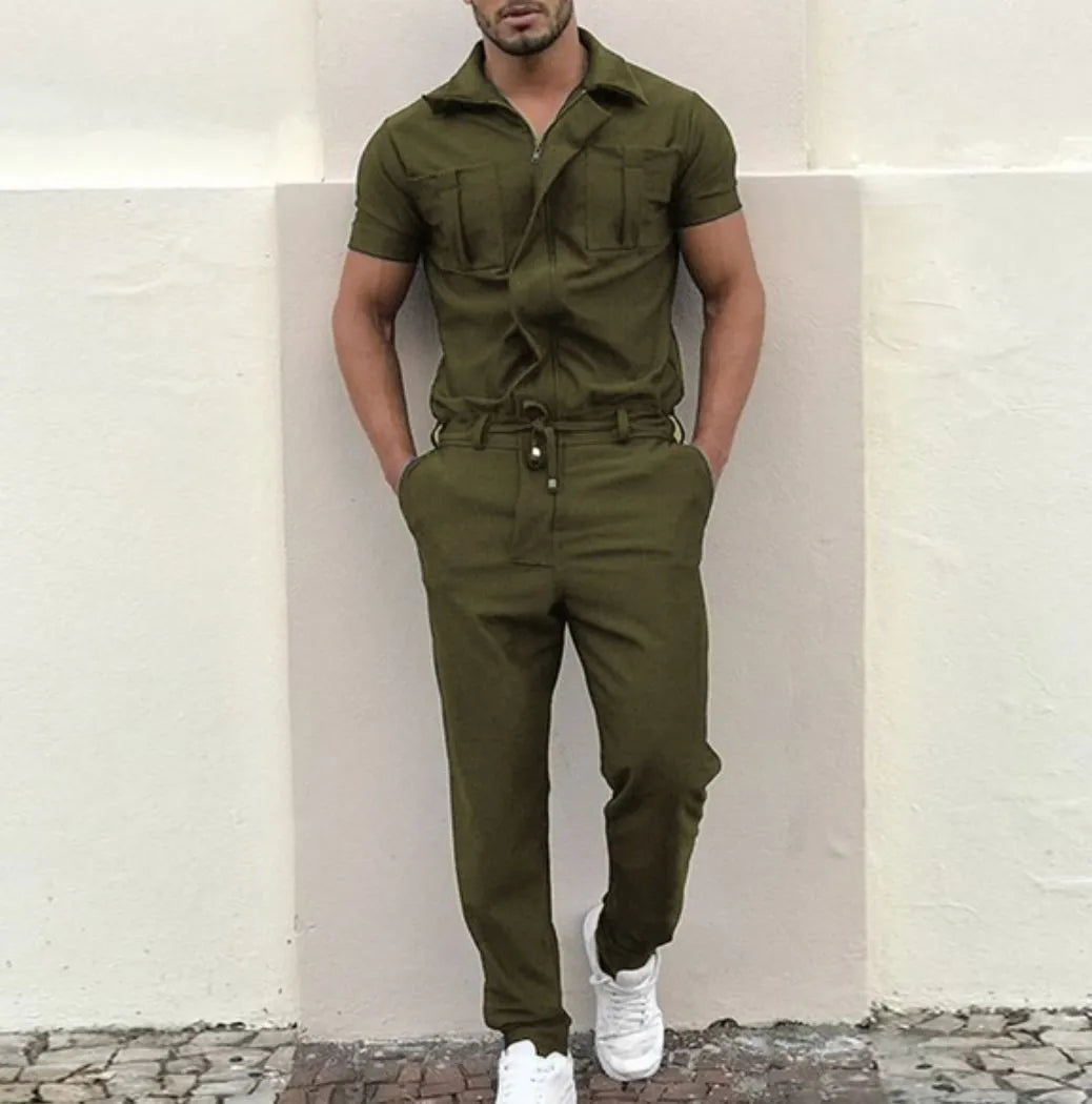 Men's cotton casual loose one-piece suit with top and shorts in black