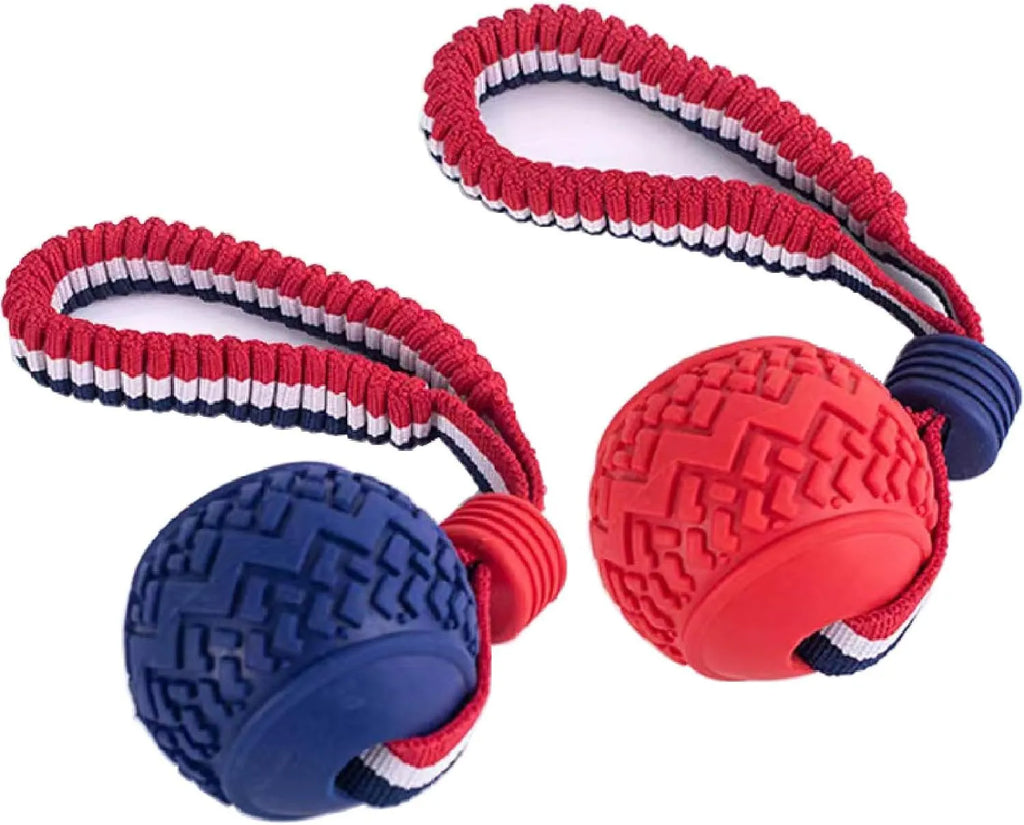 Blue rubber dog ball with attached rope for tug-of-war games