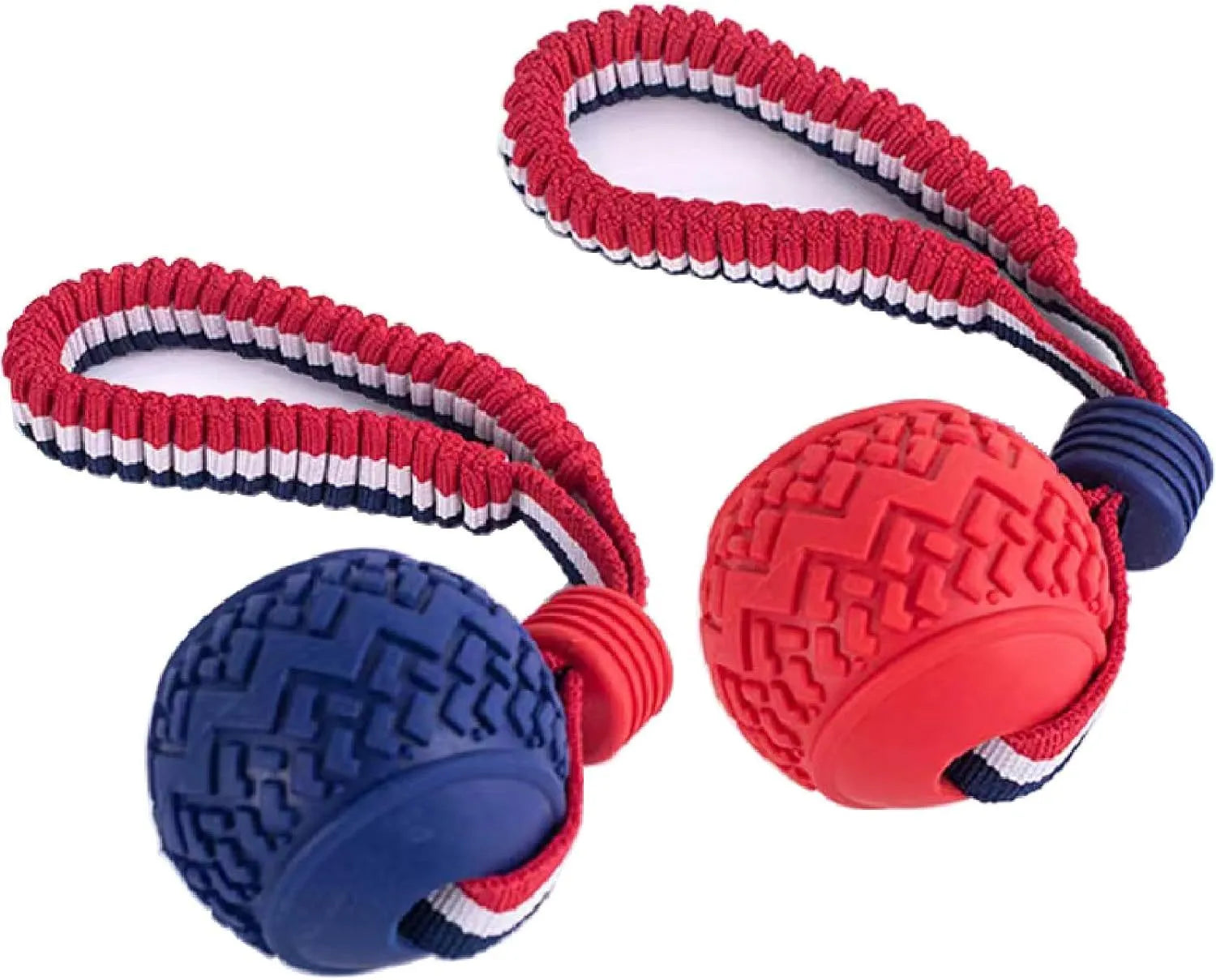 Blue rubber dog ball with attached rope for tug-of-war games