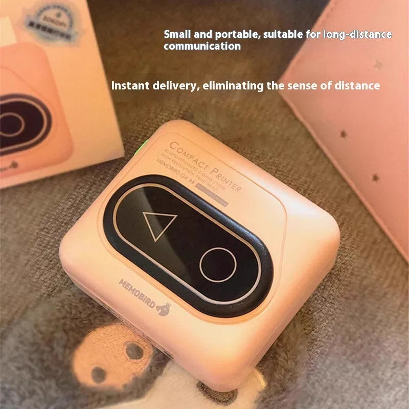 Portable Bluetooth thermal printer in avocado green, pink, small yellow duck or white colours