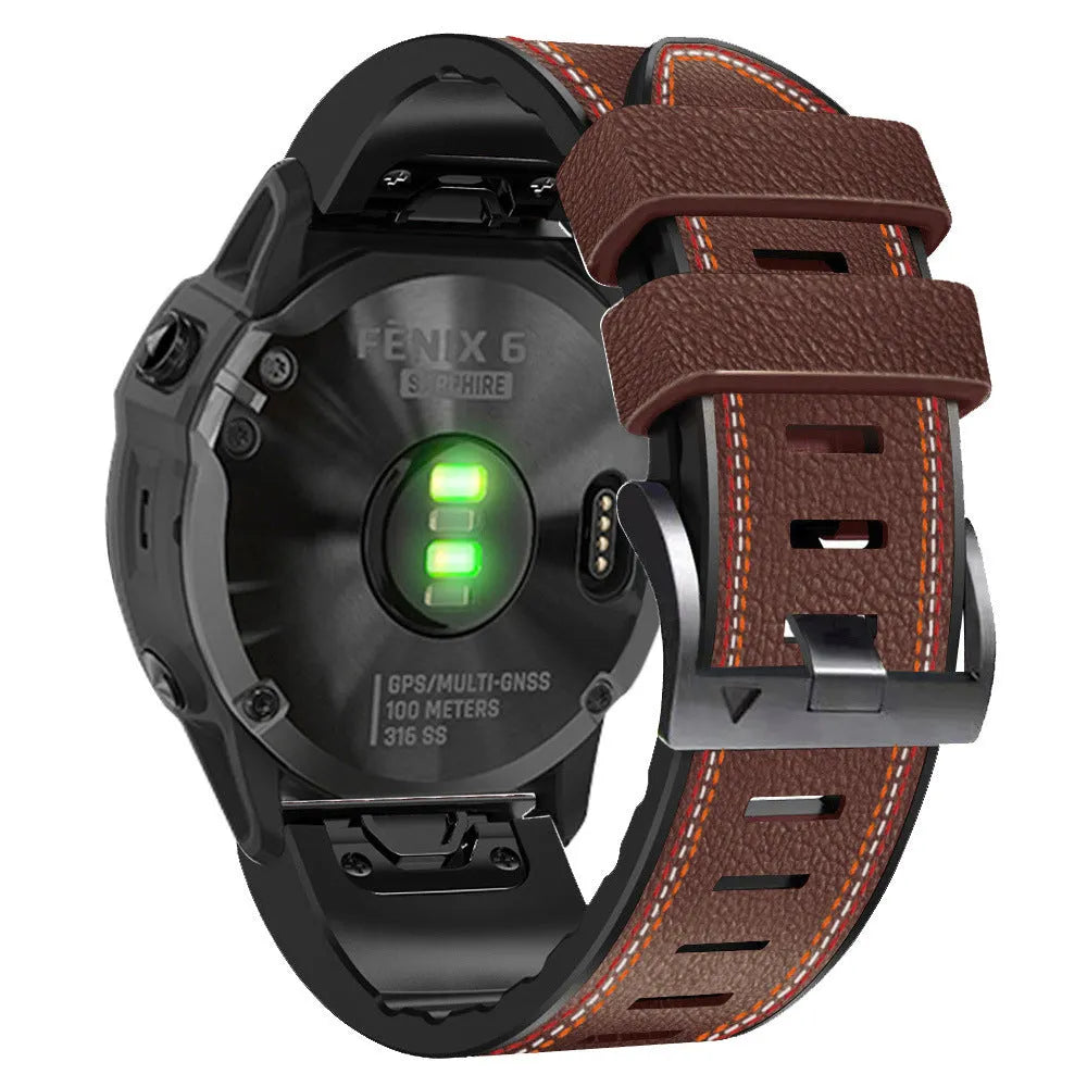 Silicone leather quick-release watchband for Garmin Fenix watches in black, coffee, light brown, or white.