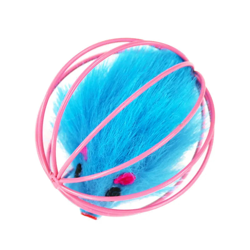 Soft plush cage mouse cat toy approximately 6cm diameter on light surface