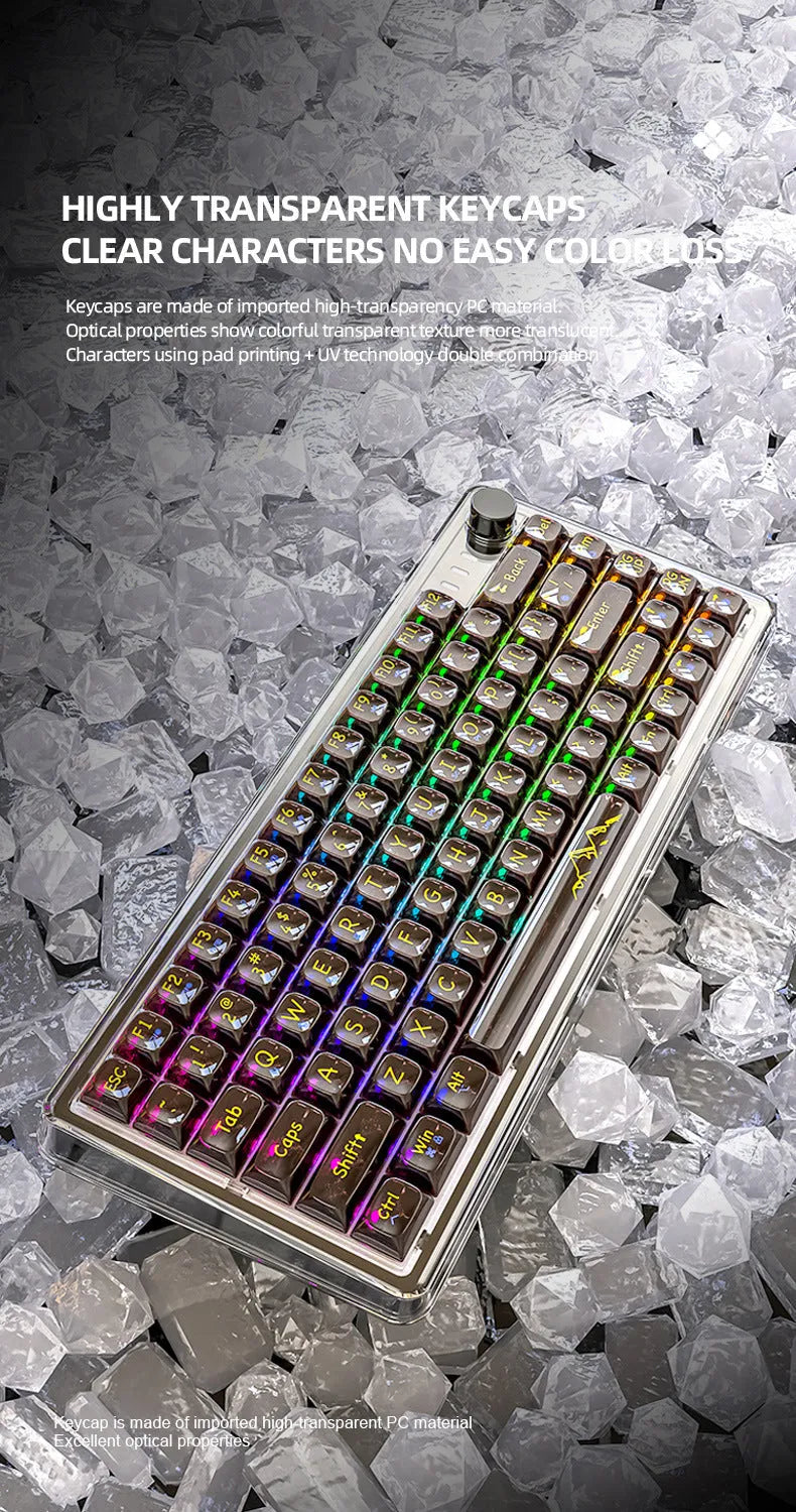 Attack Shark K75 transparent wireless mechanical keyboard with RGB backlighting on a desk