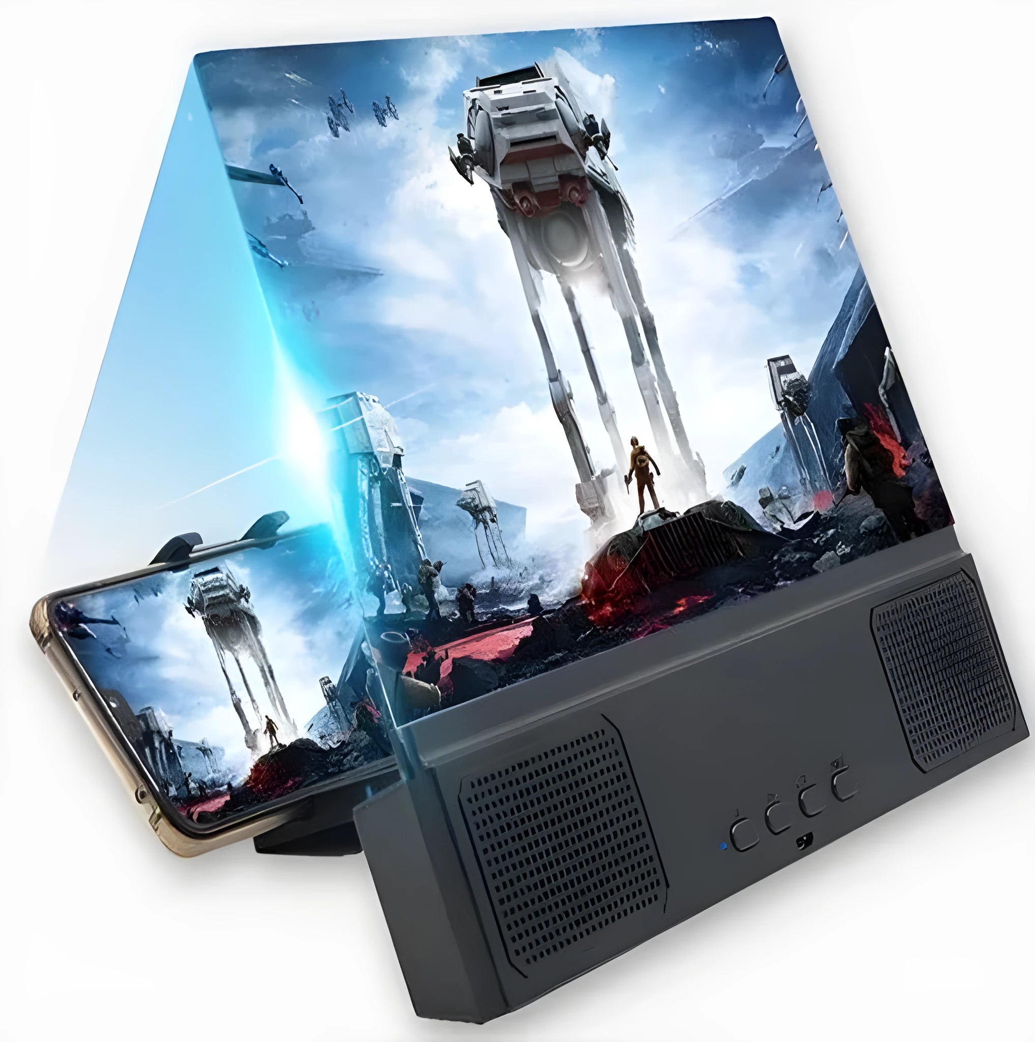 12-inch mobile phone screen amplifier unit with acrylic lens and ABS housing, shown with Bluetooth audio symbol.
