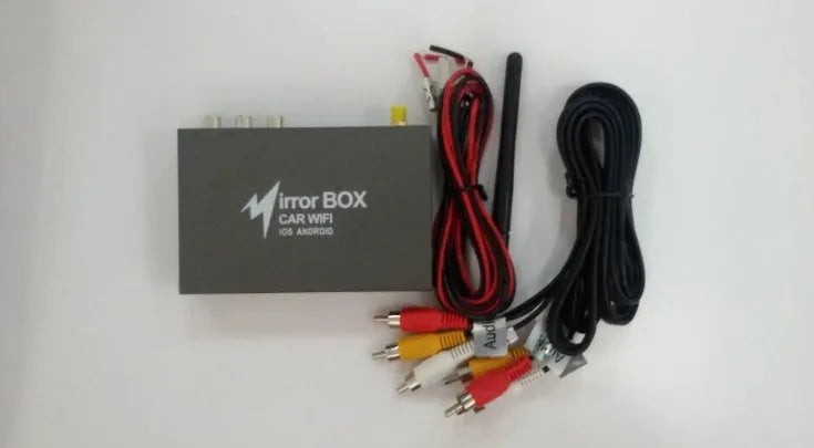 Black Car Mirror Link Box Wi-Fi converter with antenna and cables for smartphone screen mirroring
