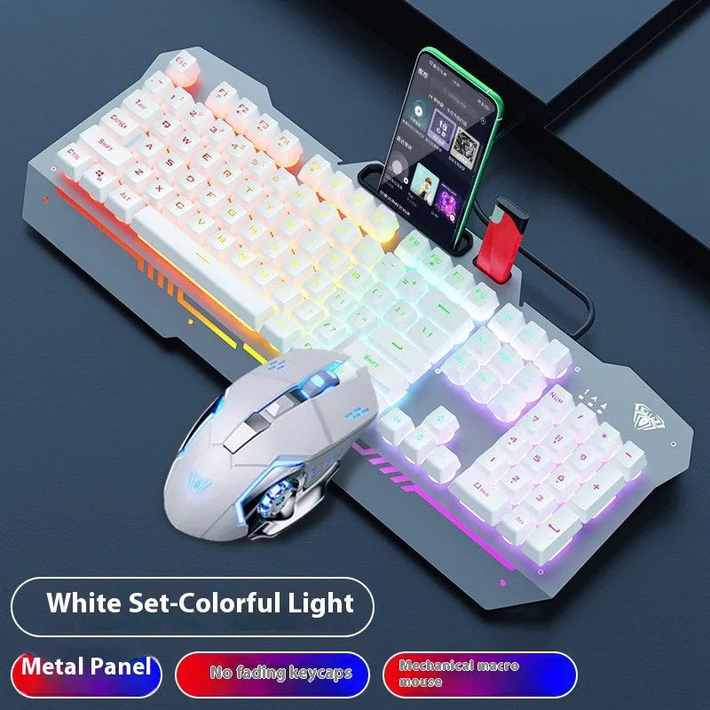 Mechanical gaming keyboard, mouse, and headset bundle in metal packaging with LED lighting