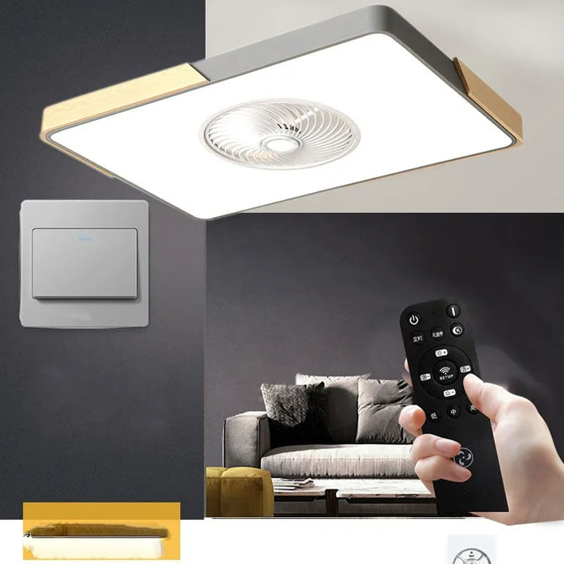 Nordic style ceiling fan with integrated light fixture in a solid wood frame