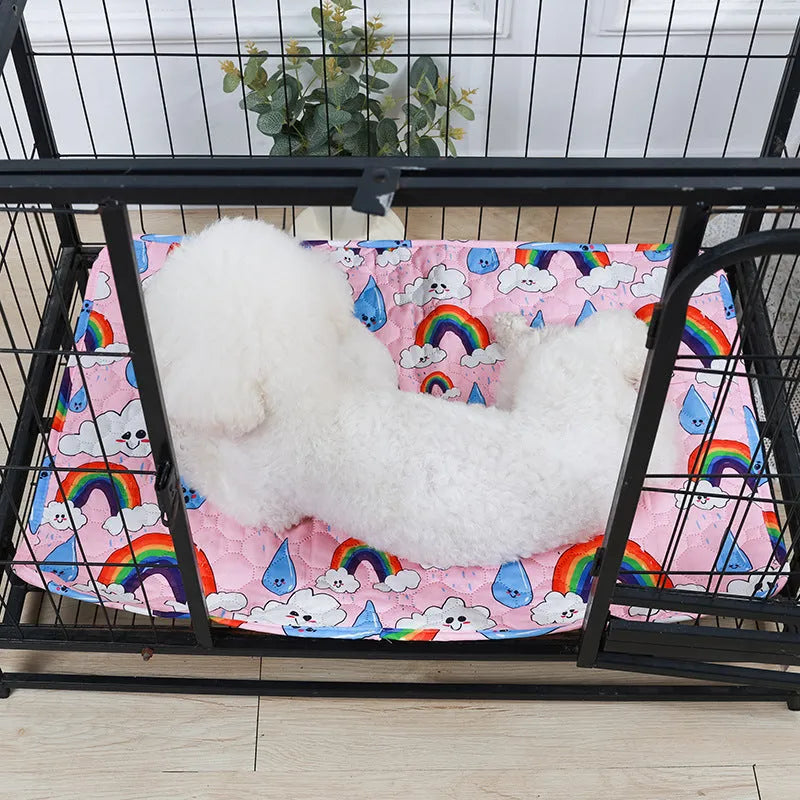 Reusable cloth pet urine pad with colourful animal print and waterproof backing.