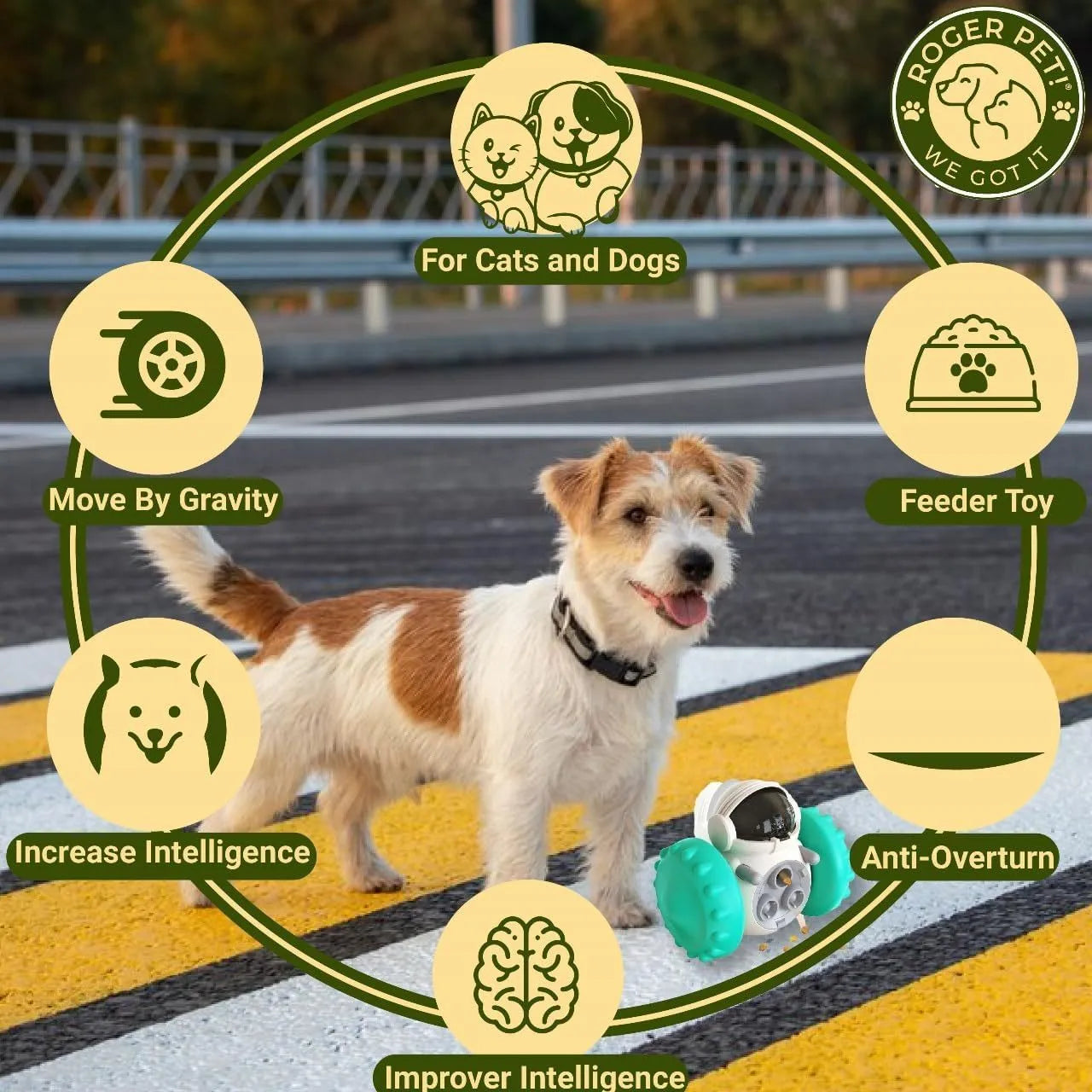 Robot-shaped treat dispenser tumbler toy for small dogs and cats in assorted colours.
