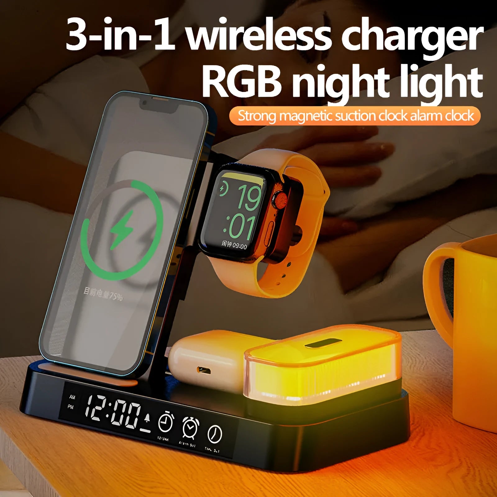 White 4-in-1 foldable wireless charging station showing phone on stand, Apple Watch dock, and glowing RGB night light.