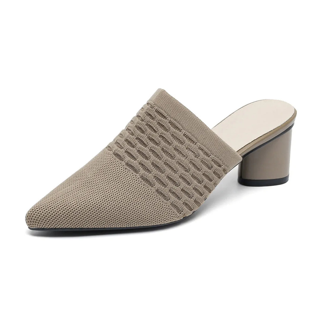 Women's pointed toe toe cap sandals with a chunky 5cm heel in a fishing line colour.