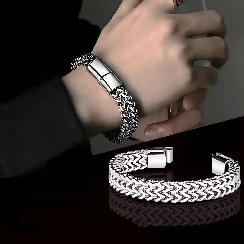Silver titanium steel geometric men's bracelet showing front and back simple design