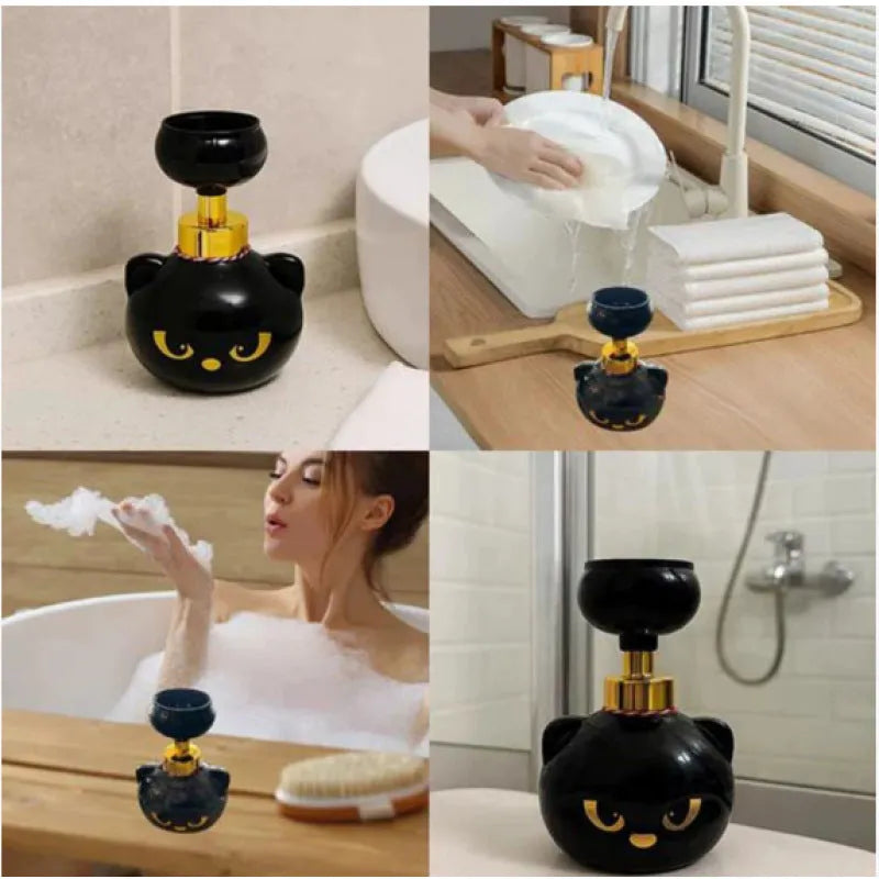 Black plastic cartoon cat-shaped foam soap dispenser on a counter.