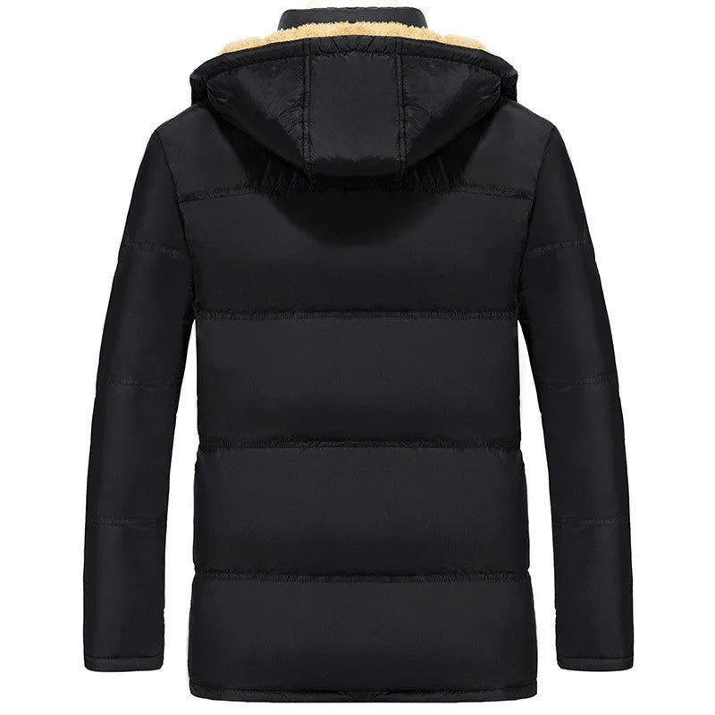 Men's black velvet double-breasted hooded padded jacket with a loose fit.