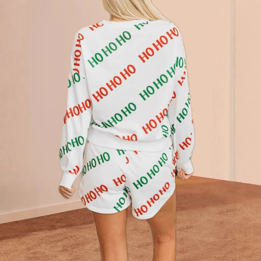 White women's two-piece suit with letters print, long sleeves, and fifth-length trousers in street fashion style