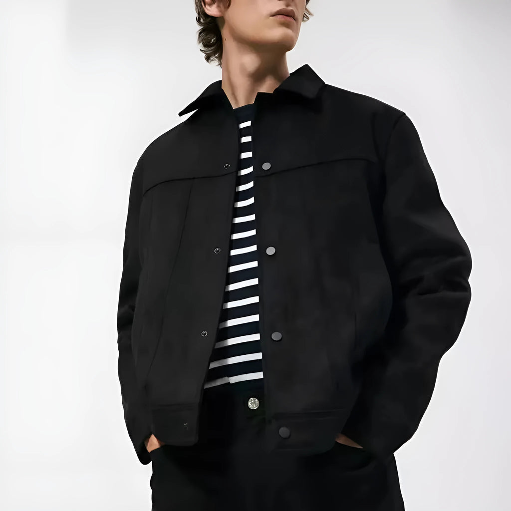 Black men's hooded jacket with suede collar, side pockets, and straight hem design