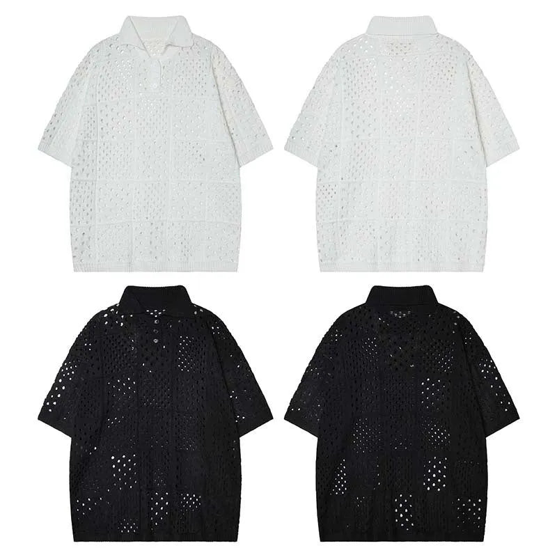Black polyester blend short-sleeved polo shirt with cardigan style for teenage casual wear