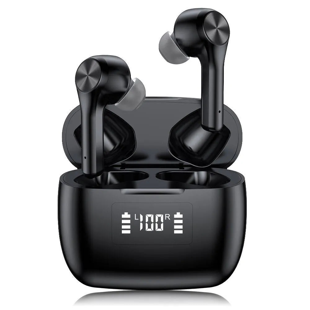 Cool black wireless noise reduction earbuds with charging case on a white background