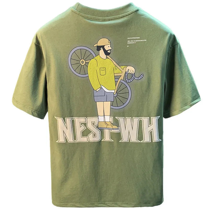 Green loose fit men's t-shirt with literary youth print design and short sleeves