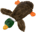 Green plush duck dog toy with stuffless design, squeakers in head and tail, cavity for bottle insertion