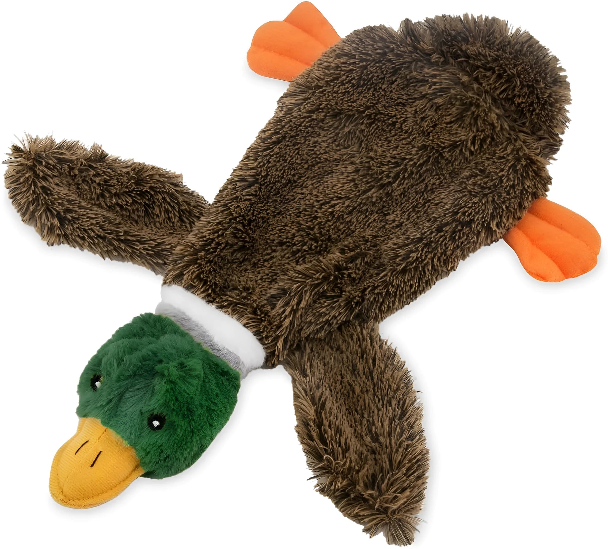 Green plush duck dog toy with stuffless design, squeakers in head and tail, cavity for bottle insertion