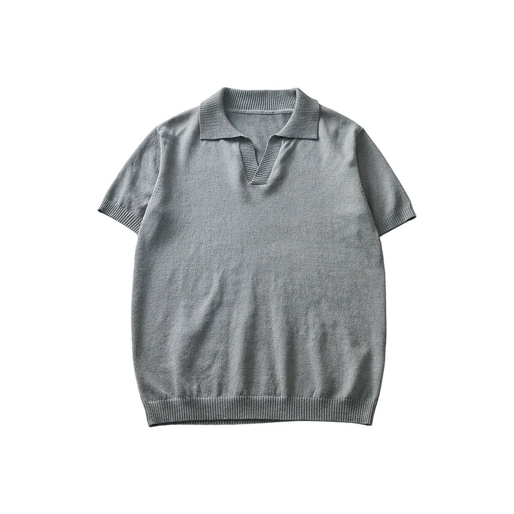Summer knitted short-sleeved solid colour polo collar casual t-shirt in white front view